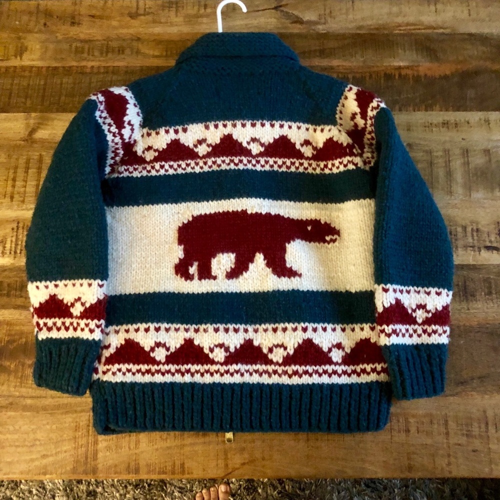 J. Crew Teal, Cream & Burgundy Bear Knit Zip Cardigan - Picture 3 of 3